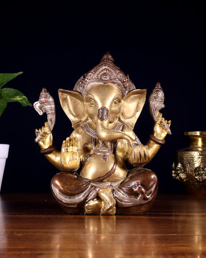 Brass Ganesha Idol with Sharp Features - 8 Inch three tone