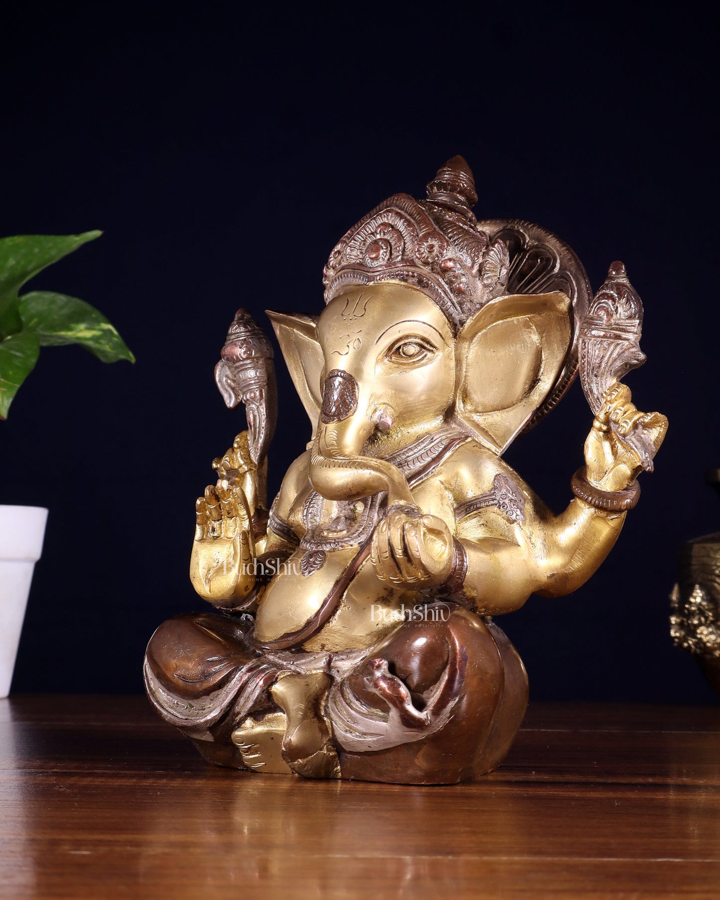 Brass Ganesha Idol with Sharp Features - 8 Inch three tone