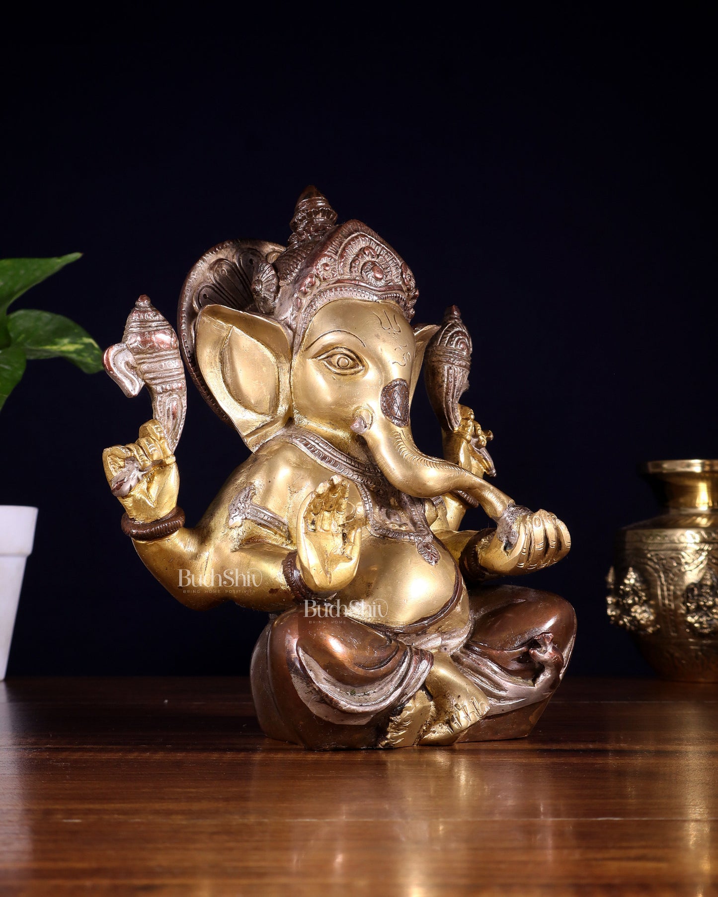 Brass Ganesha Idol with Sharp Features - 8 Inch three tone