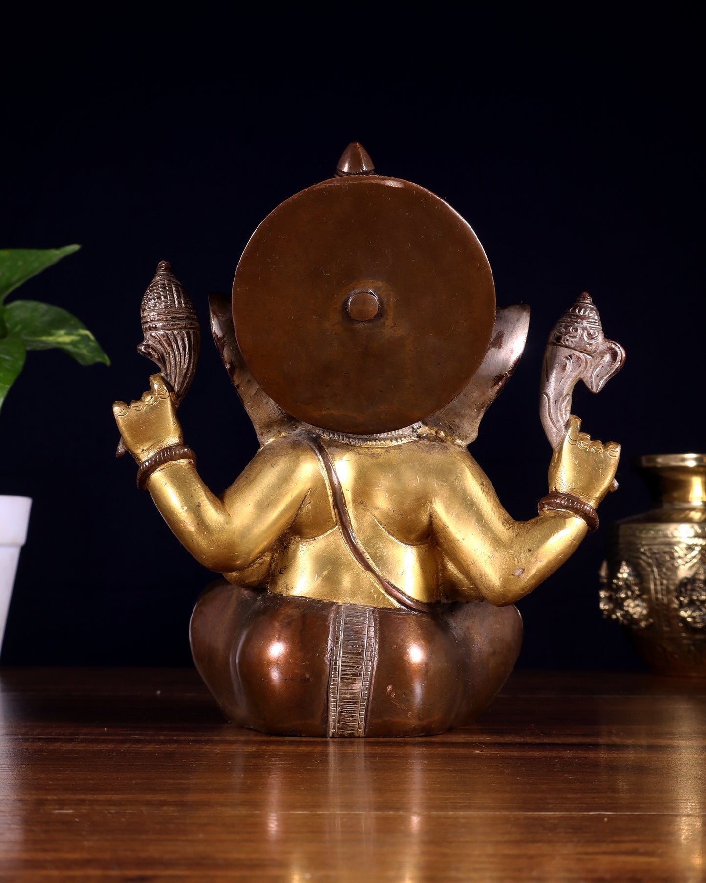 Brass Ganesha Idol with Sharp Features - 8 Inch three tone