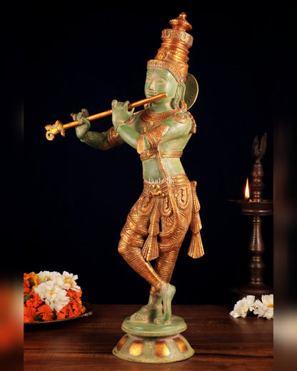 Pure Brass Lord Krishna Statue - green patina , 23 Inches