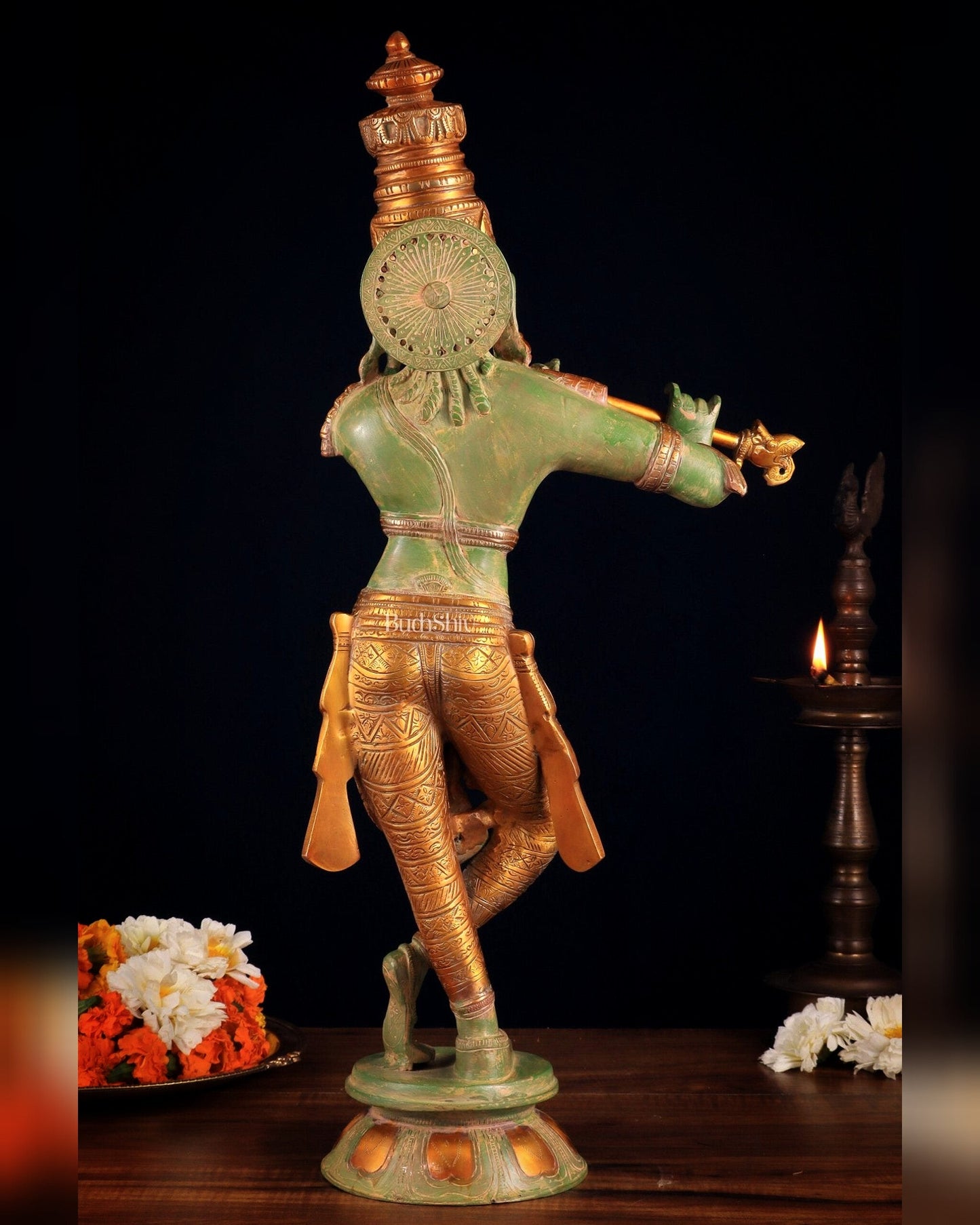Pure Brass Lord Krishna Statue - green patina , 23 Inches