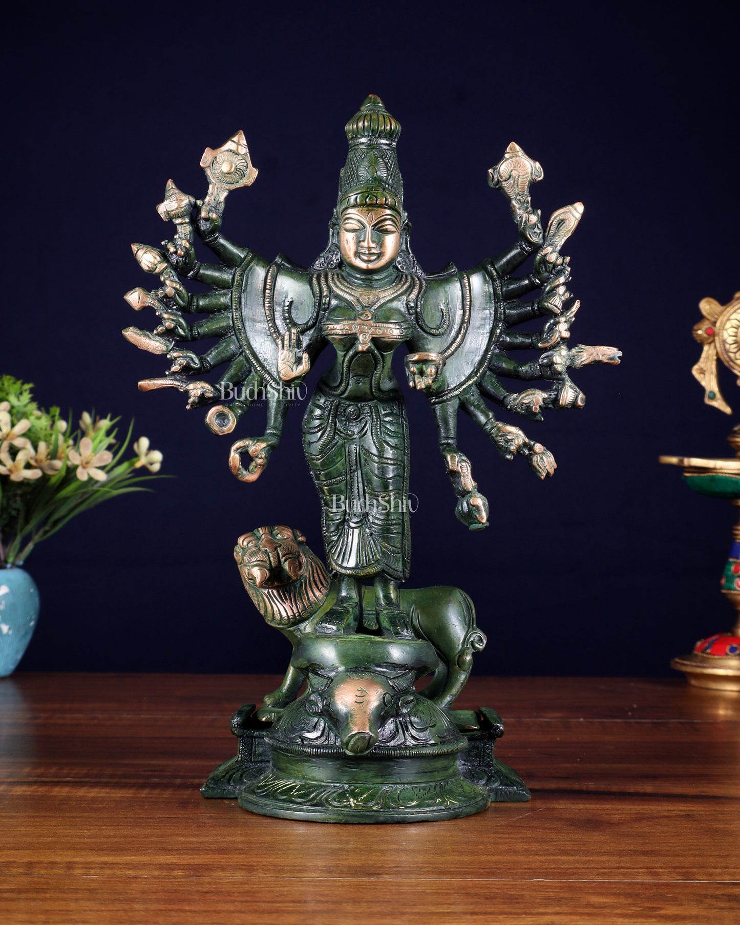 Mahisasur Mardini Durga Brass Idol 10" green patina tone