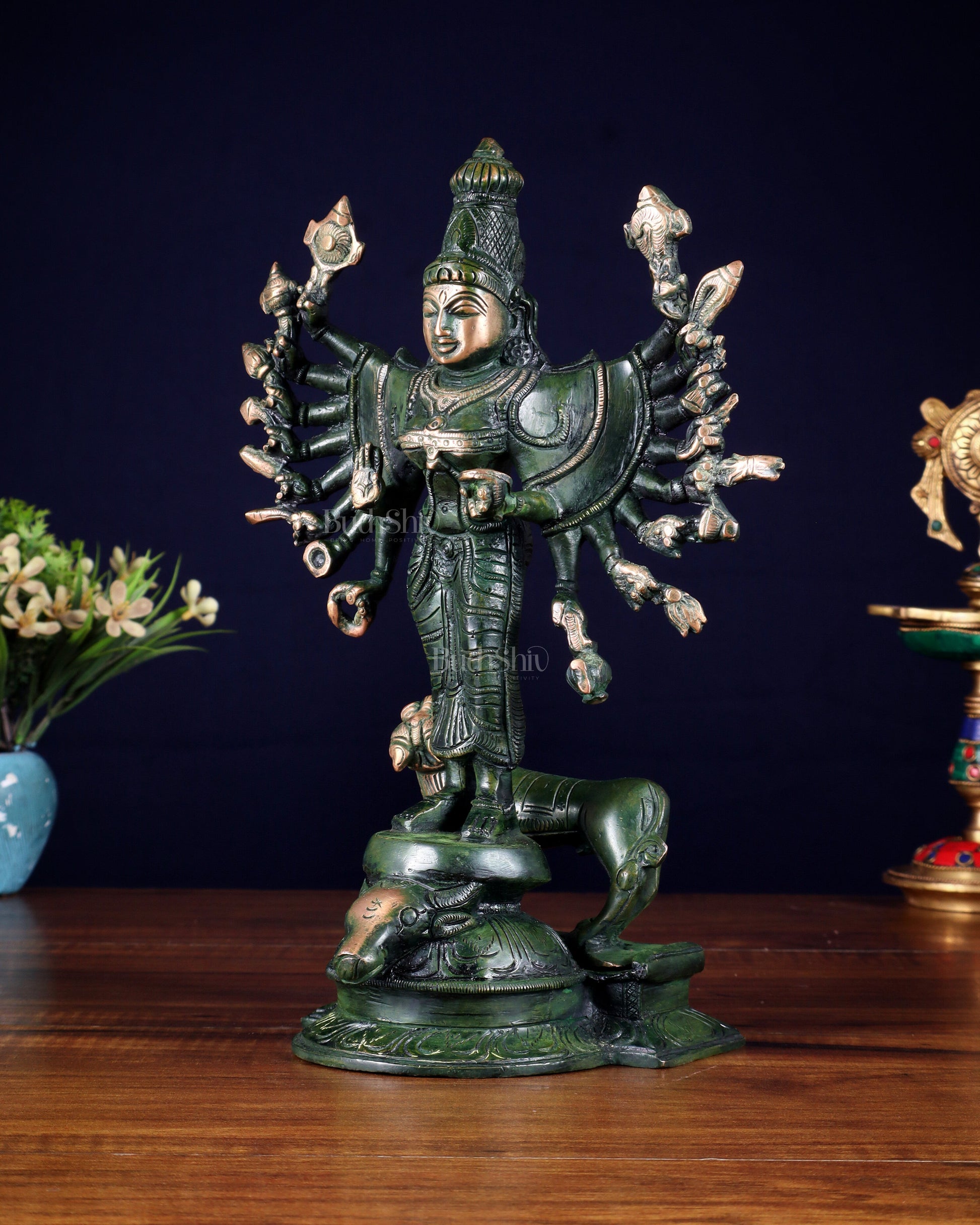 Mahisasur Mardini Durga Brass Idol 10" green patina tone