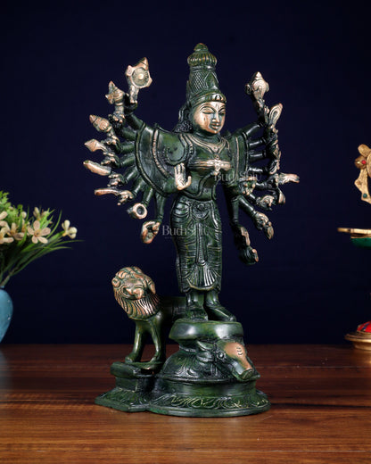 Mahisasur Mardini Durga Brass Idol 10" green patina tone