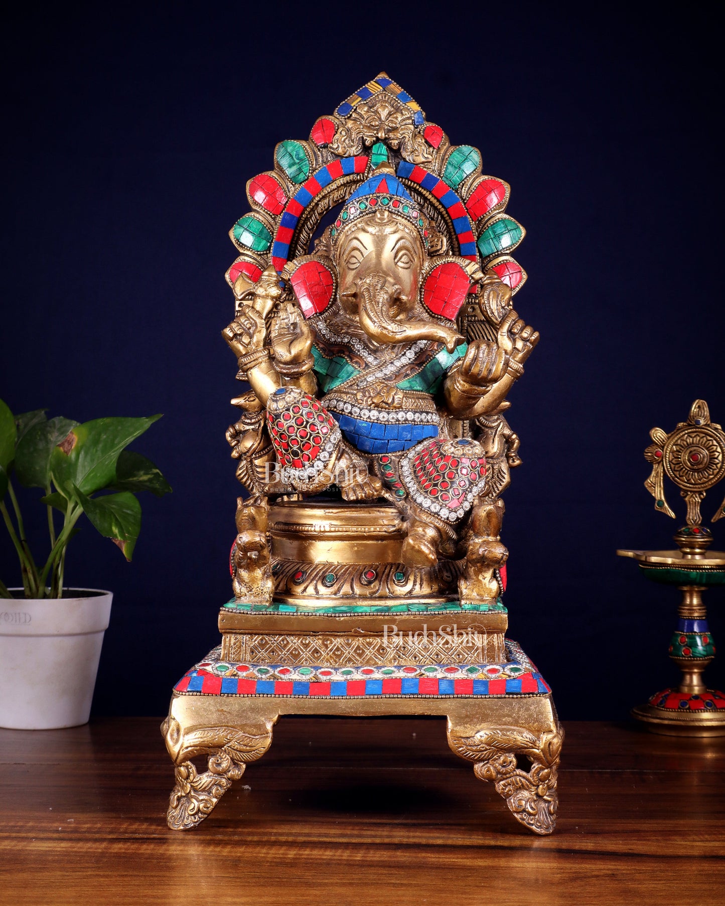 Brass Ganapati Statue on Throne - 17 inch
