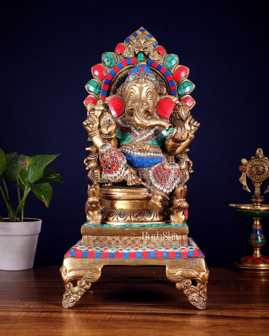 Brass Ganapati Statue on Throne - 17 inch