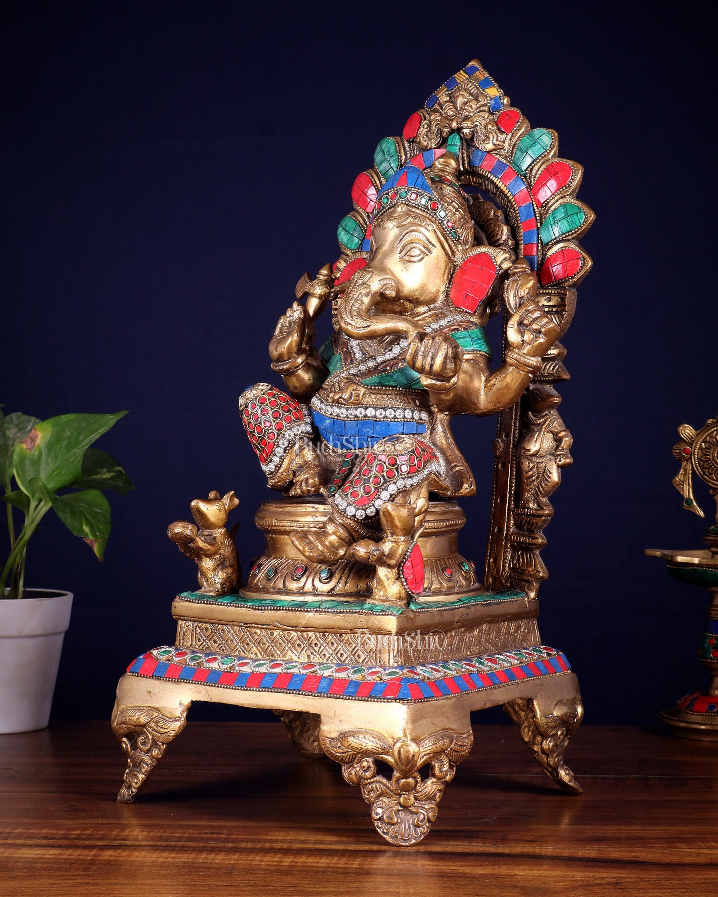 Brass Ganapati Statue on Throne - 17 inch