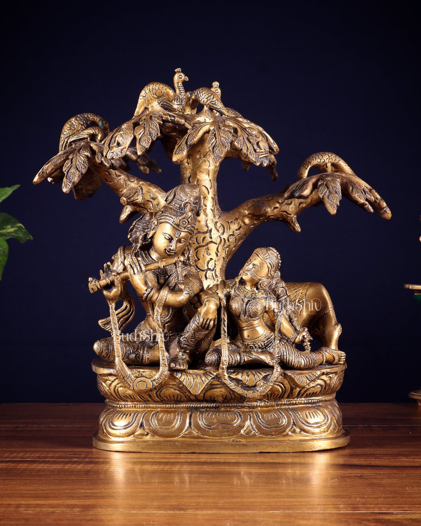 Brass Radha Krishna sitting Under Tree Idol - 10 inch