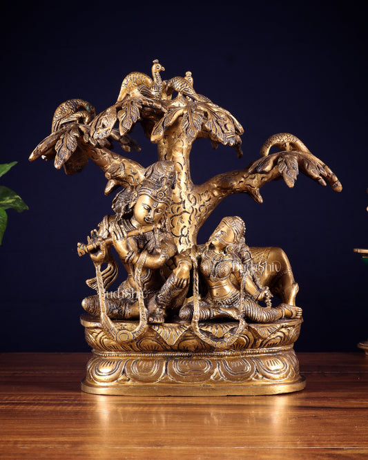 Brass Radha Krishna sitting Under Tree Idol - 10 inch