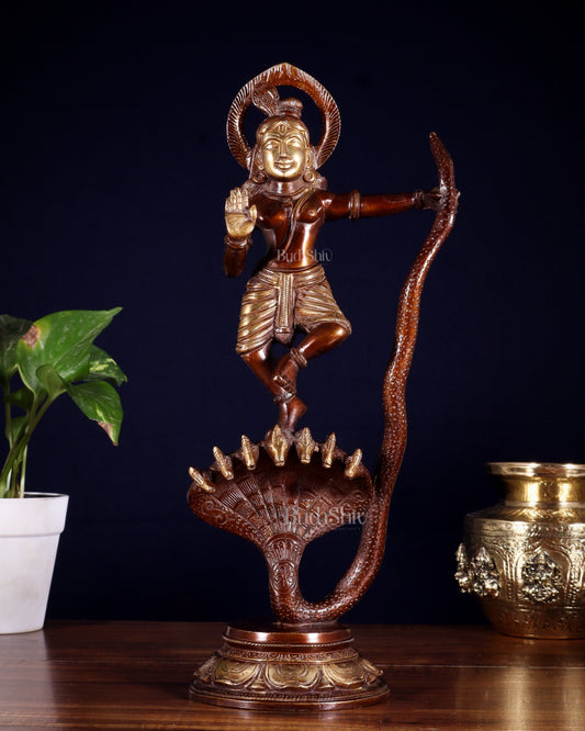 Krishna Dancing on Kaliya Naag Brass Idol 13" dual tone
