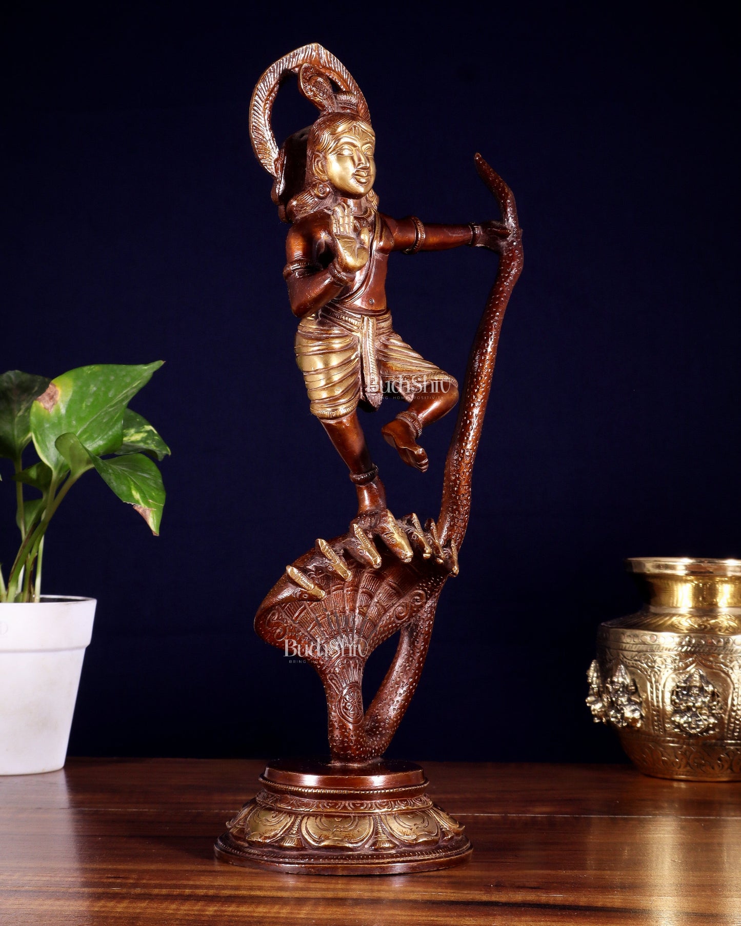Krishna Dancing on Kaliya Naag Brass Idol 13" dual tone