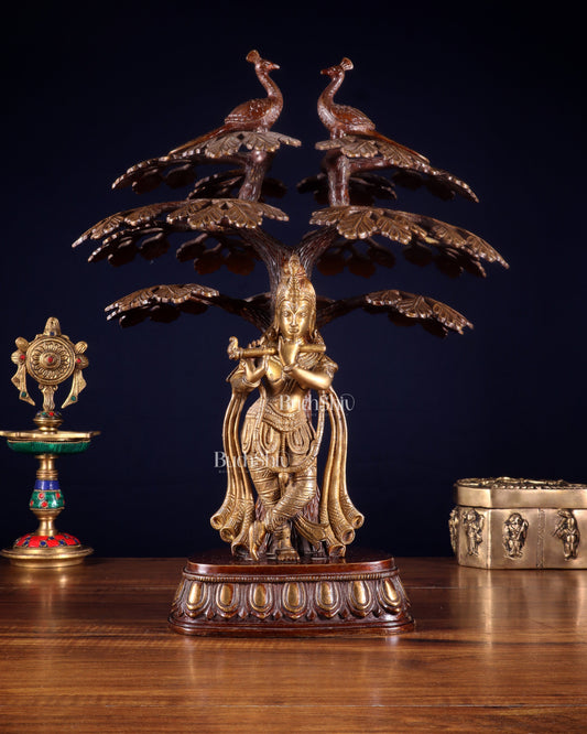 Brass Krishna Under Kadamba Tree Statue 16"