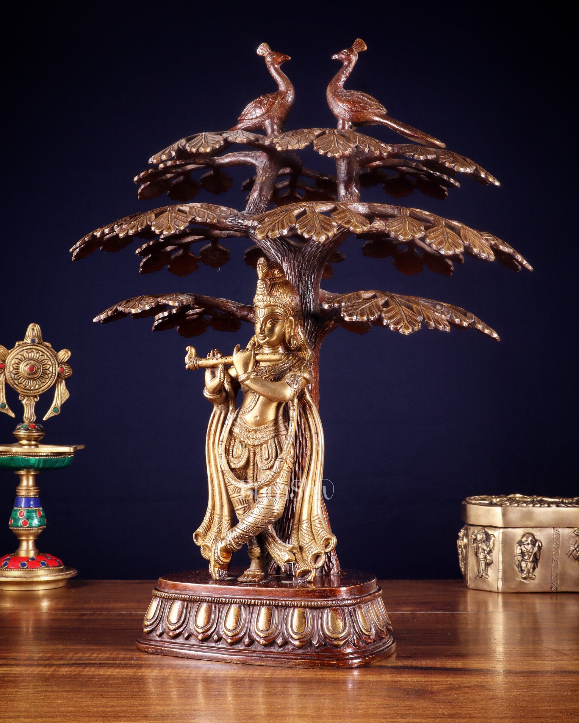 Brass Krishna Under Kadamba Tree Statue 16"
