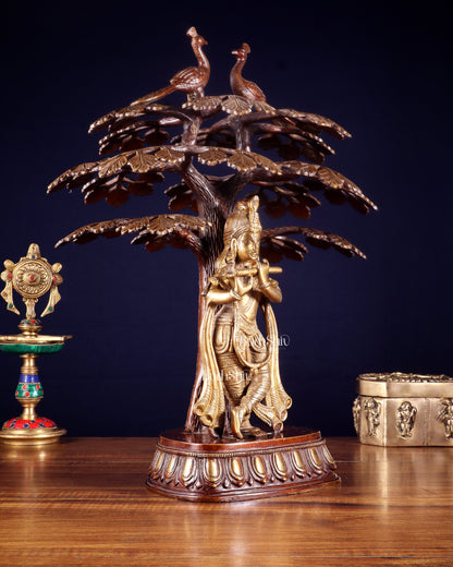 Brass Krishna Under Kadamba Tree Statue 16"