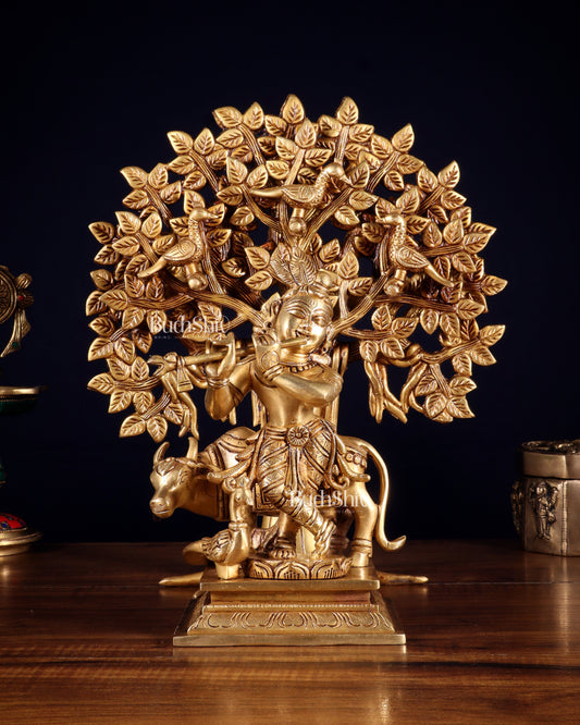 Pure Brass Krishna with Cow & Kalpavriksha Tree Combo 12 inch