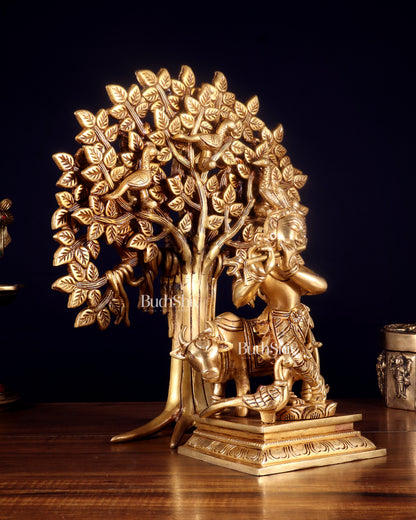 Pure Brass Krishna with Cow & Kalpavriksha Tree Combo 12 inch