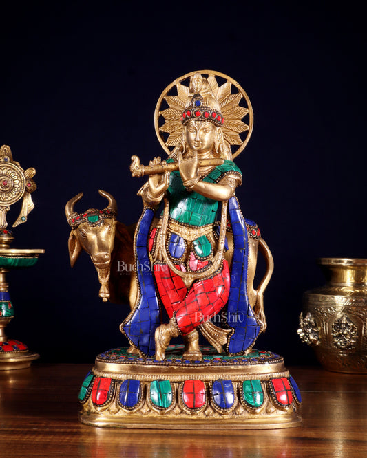 Pure Brass Lord Krishna Statue with cow idol 9"