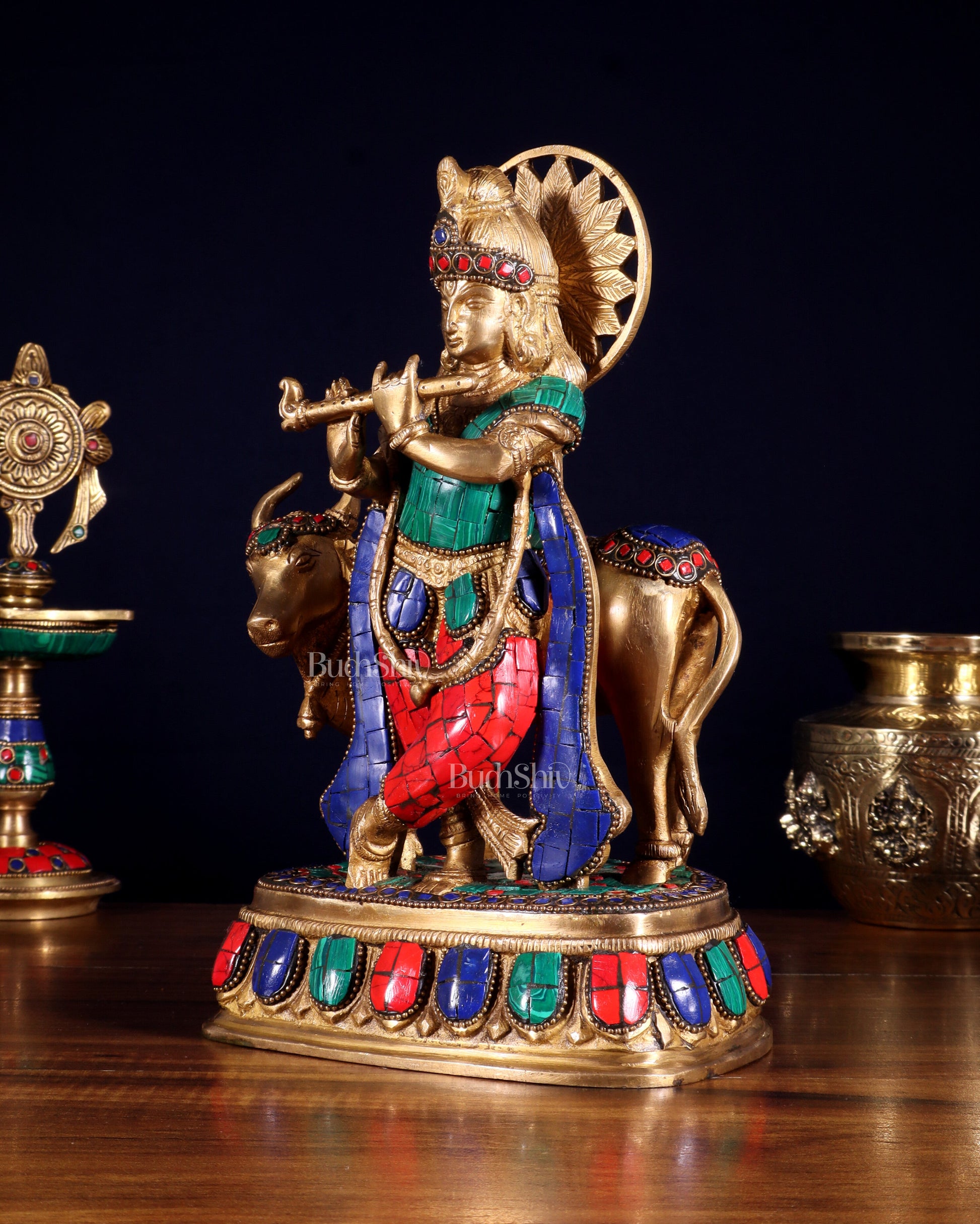 Pure Brass Lord Krishna Statue with cow idol 9"