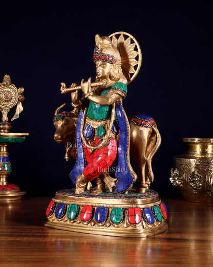Pure Brass Lord Krishna Statue with cow idol 9"