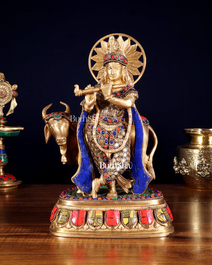 Brass Lord Krishna Statue with cow idol 9"