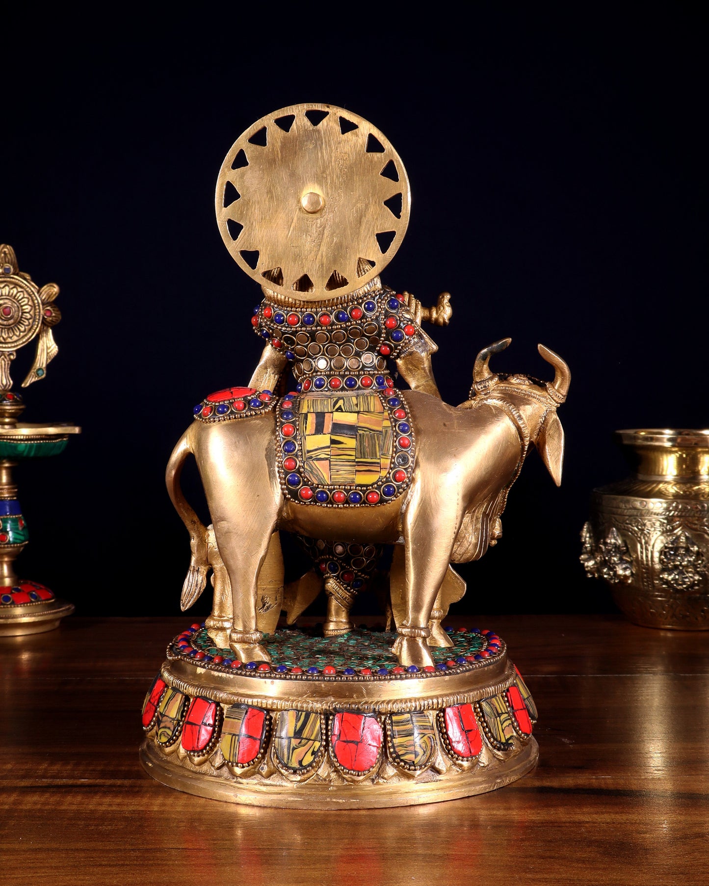 Brass Lord Krishna Statue with cow idol 9"