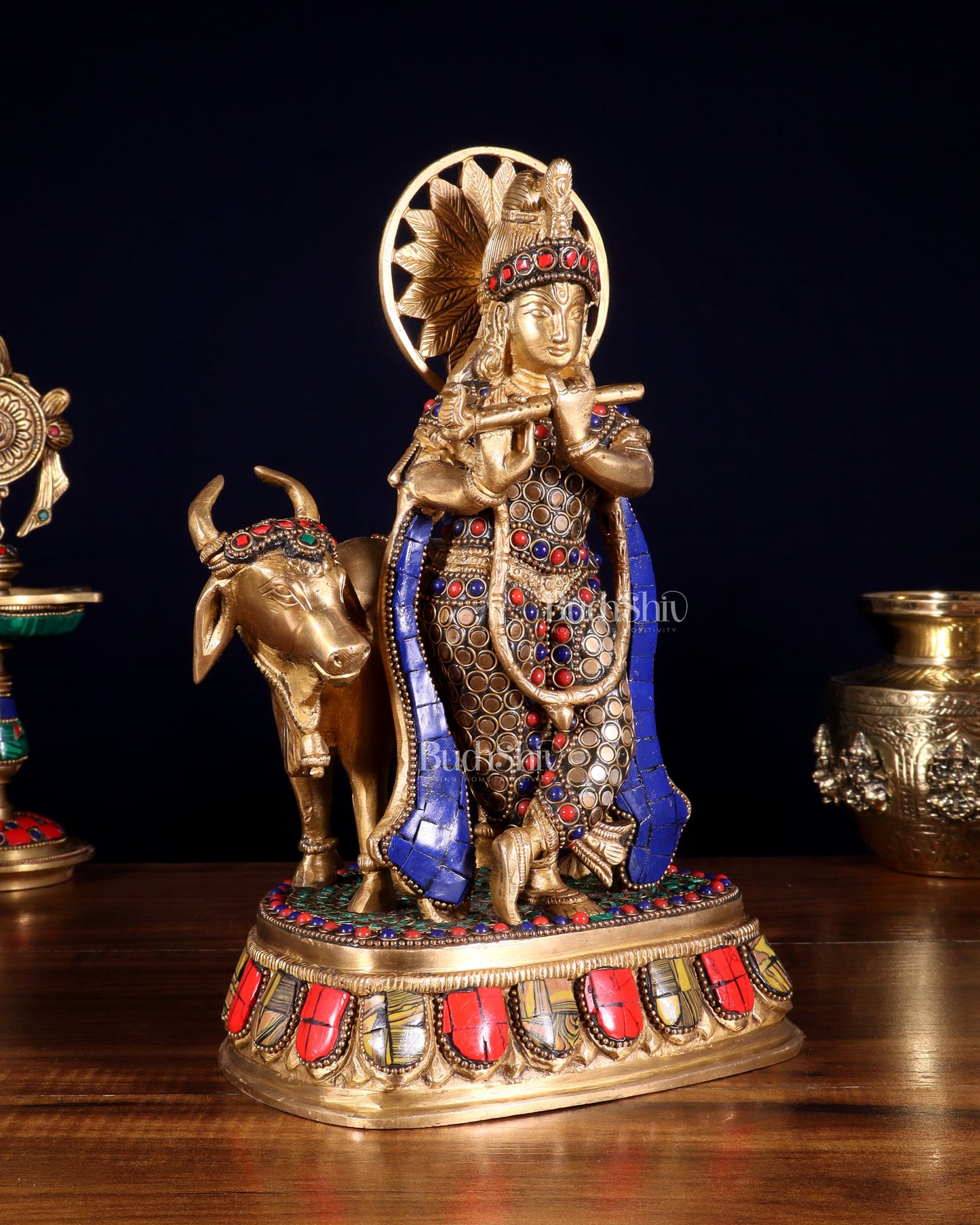 Brass Lord Krishna Statue with cow idol 9"