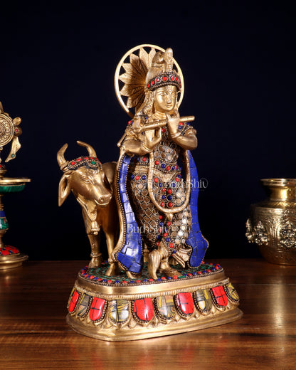 Brass Lord Krishna Statue with cow idol 9"