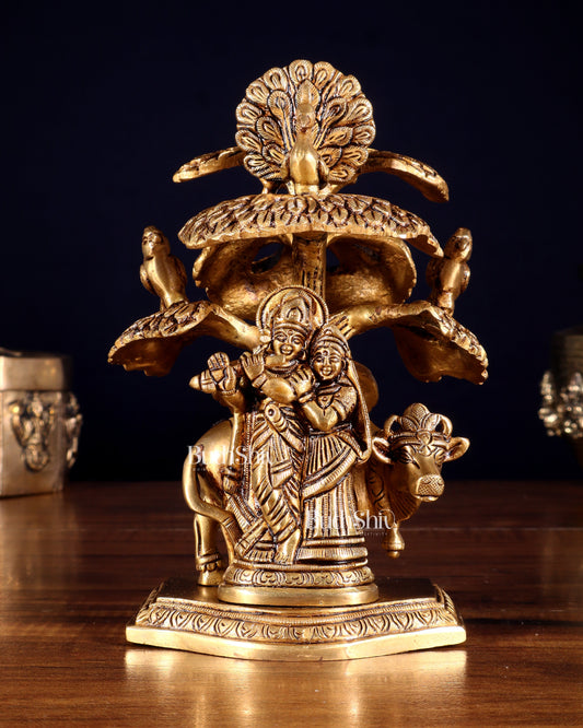 Superfine Brass Radha Krishna with Cow Under Tree Idol - 7" Height