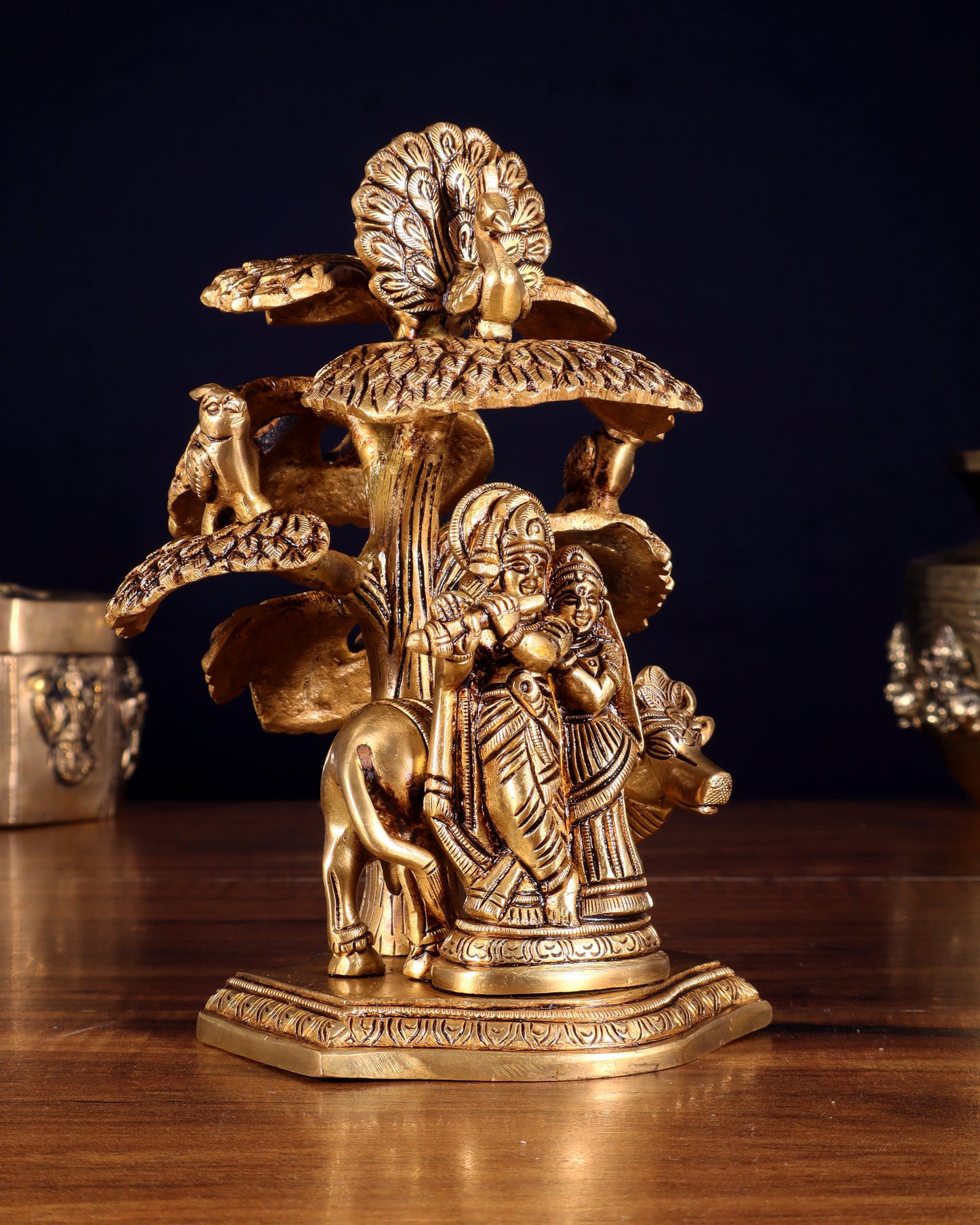 Superfine Brass Radha Krishna with Cow Under Tree Idol - 7" Height