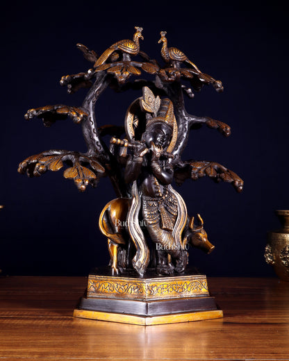 Brass Lord Krishna with Cow and tree statue black 13 inch
