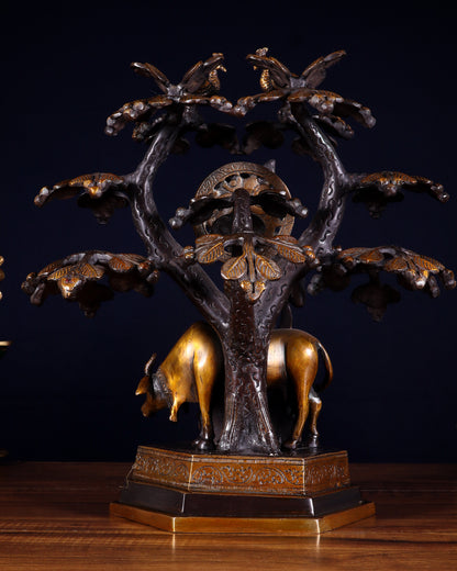 Brass Lord Krishna with Cow and tree statue black 13 inch