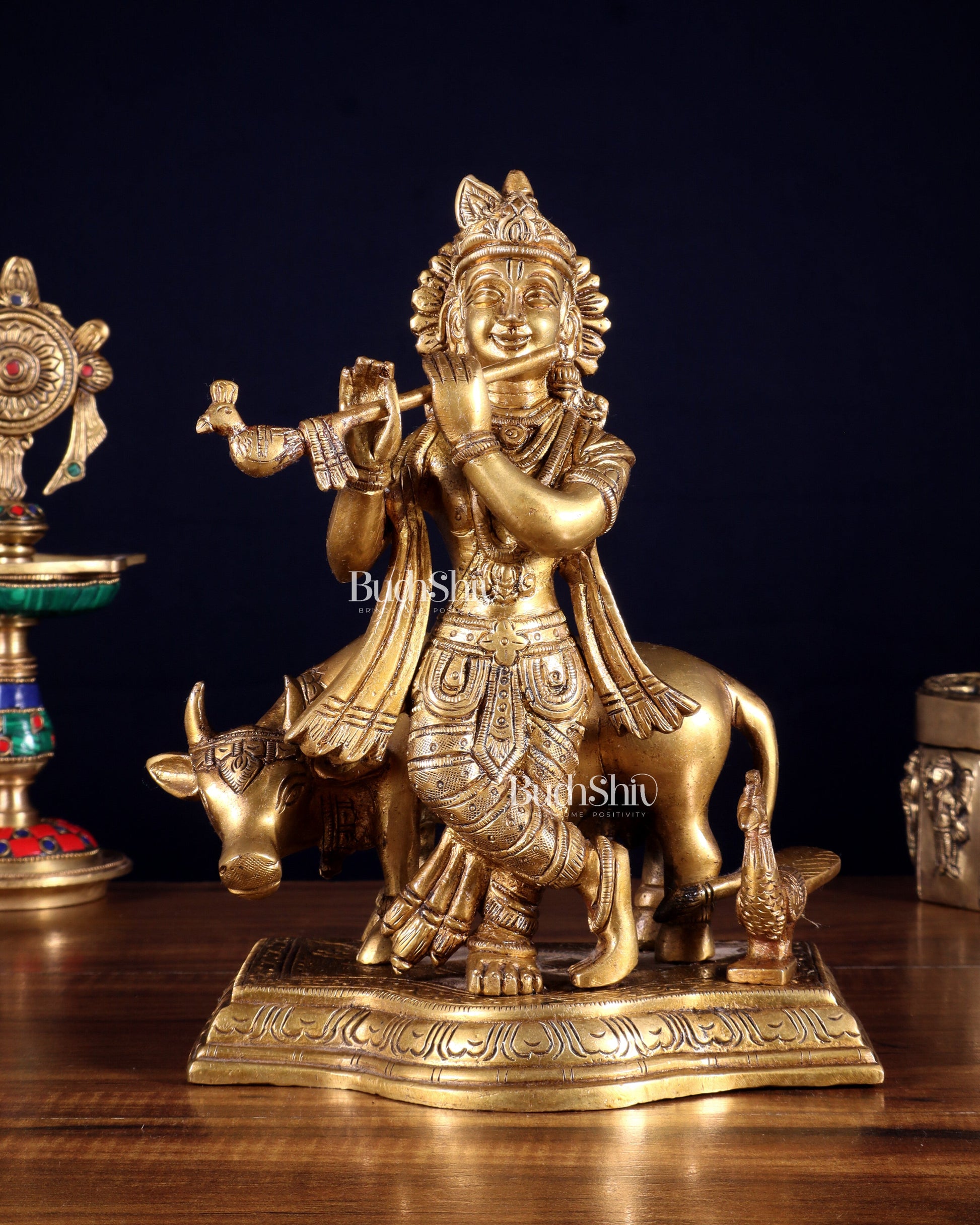 Brass Lord Krishna with Cow Statue Idol Murti 8 inch