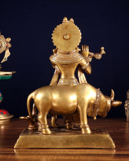Brass Lord Krishna with Cow Statue Idol Murti 8 inch