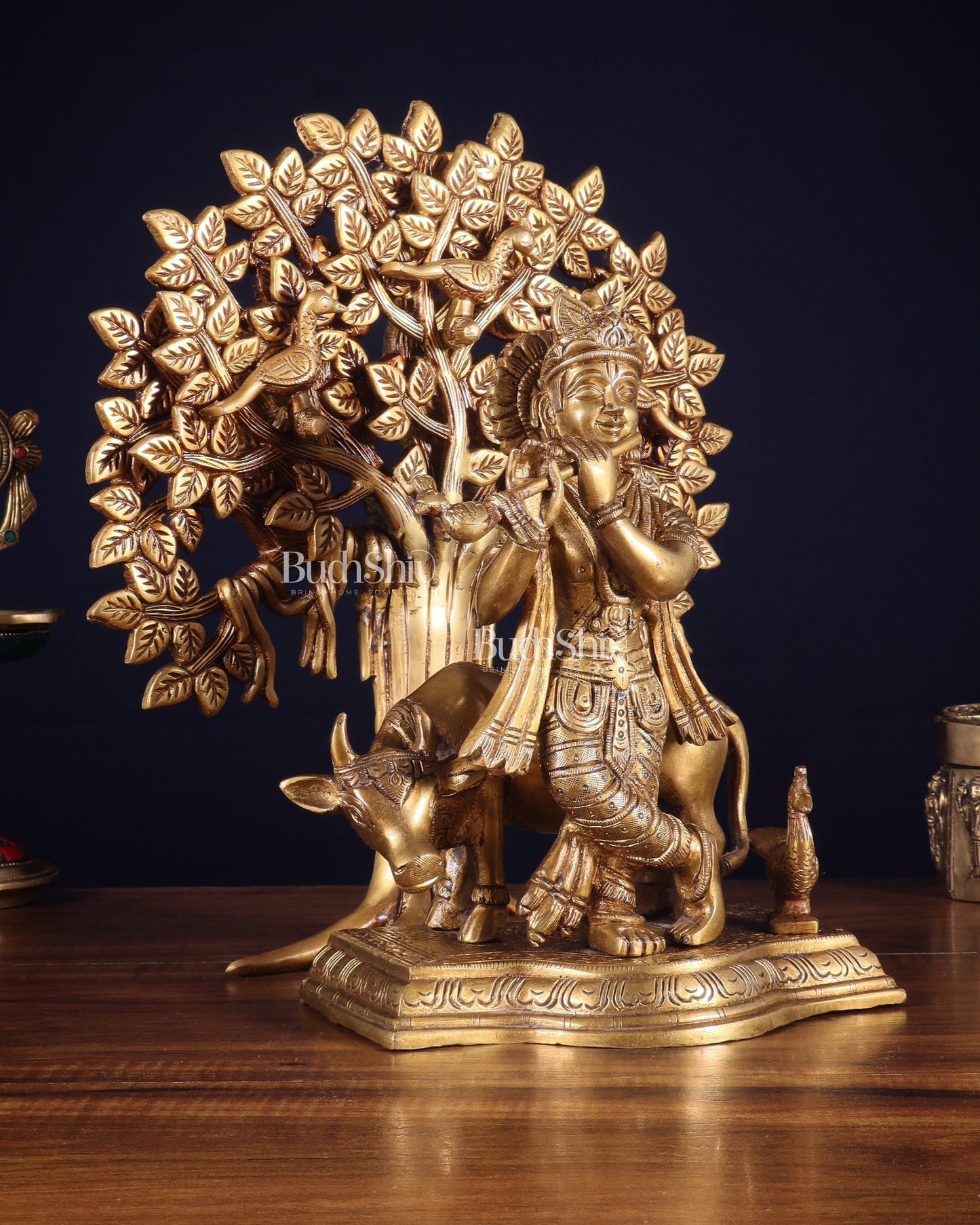 Pure Brass Lord Krishna with Cow & Kalpavriksha Tree Statue 12 inch