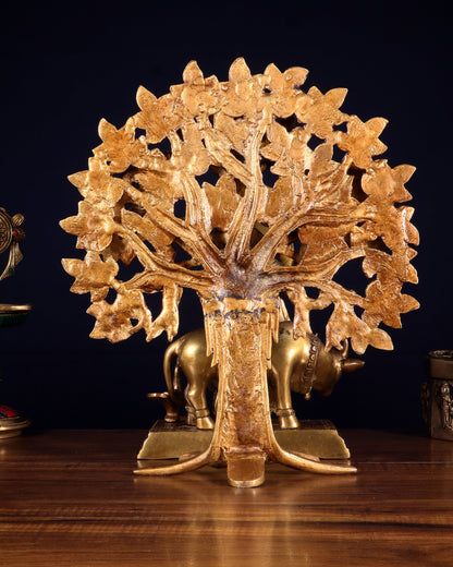 Pure Brass Lord Krishna with Cow & Kalpavriksha Tree Statue 12 inch