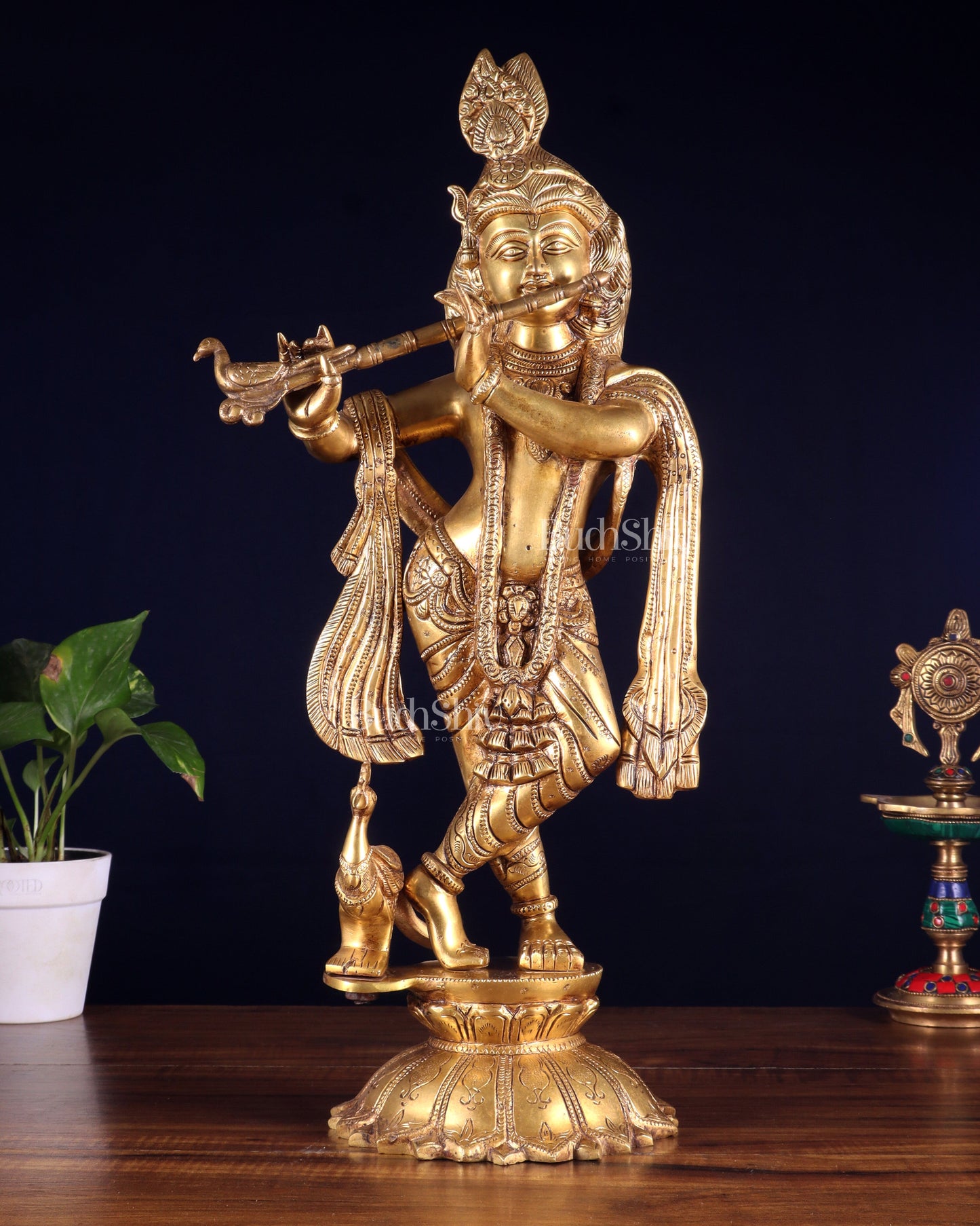 Brass Krishna Standing on a Lotus Base – Pure Brass Unique Sculpture 19"