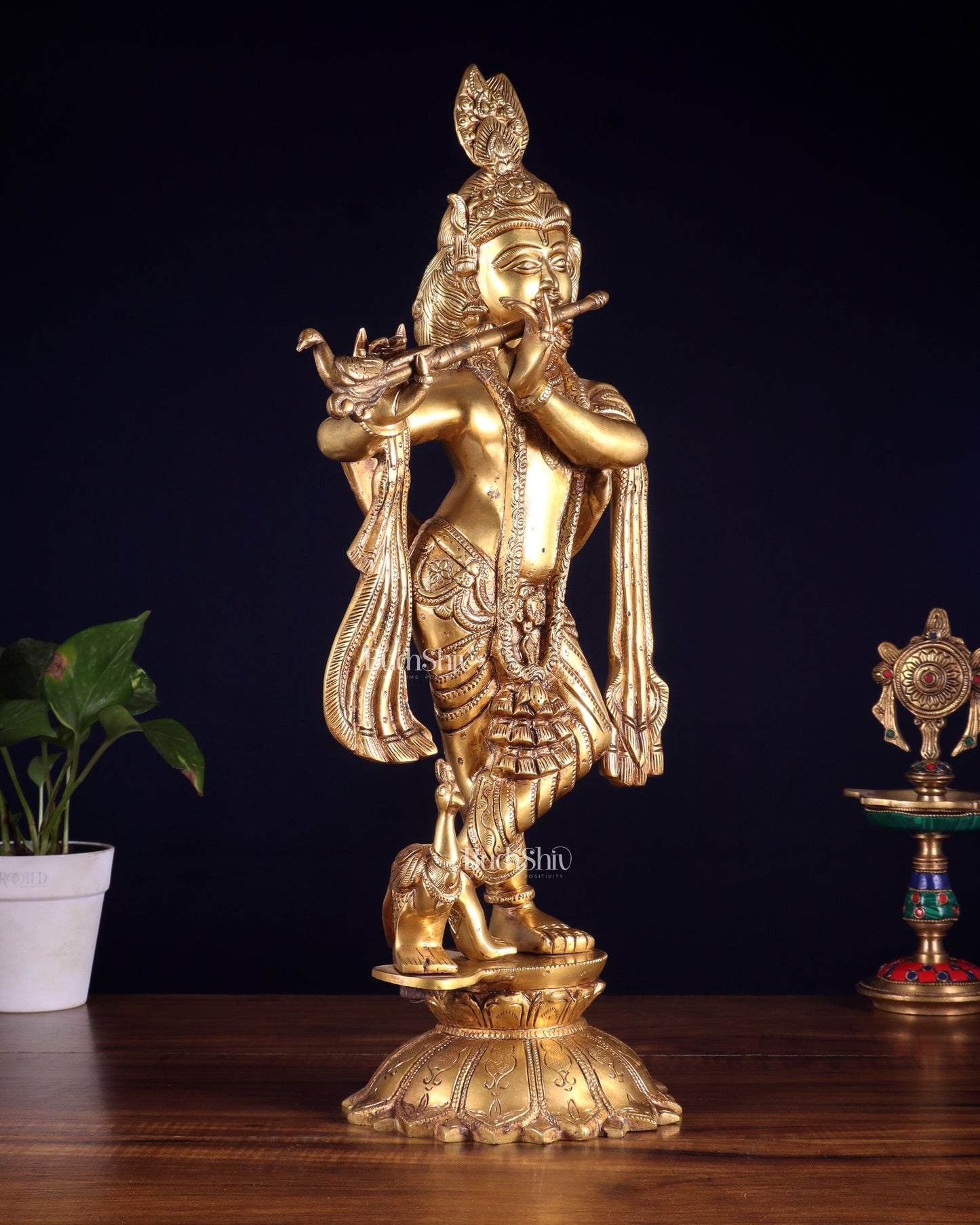Brass Krishna Standing on a Lotus Base – Pure Brass Unique Sculpture 19"