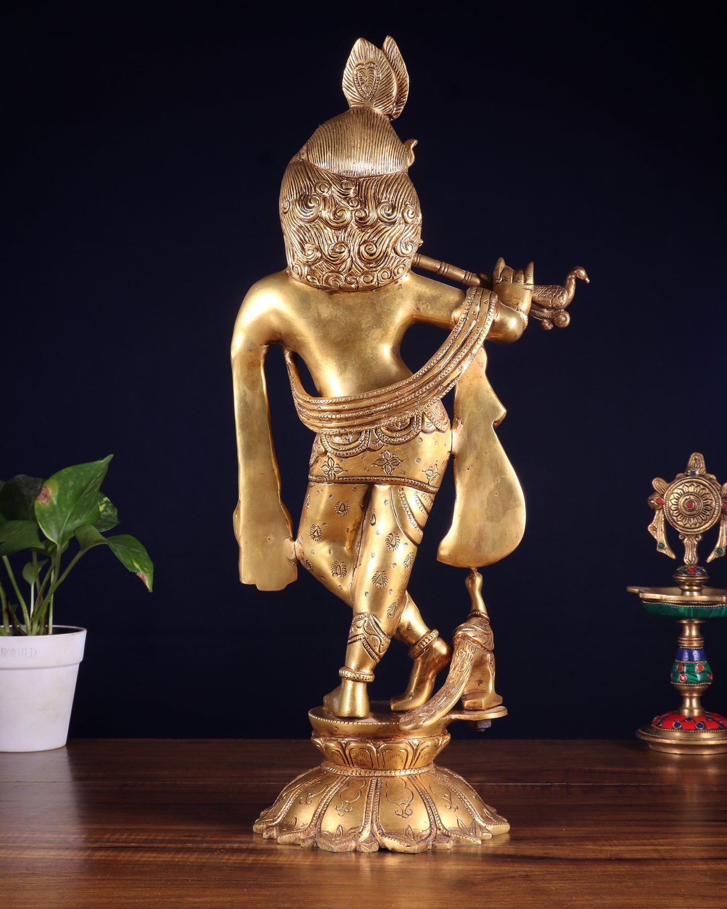 Brass Krishna Standing on a Lotus Base – Pure Brass Unique Sculpture 19"
