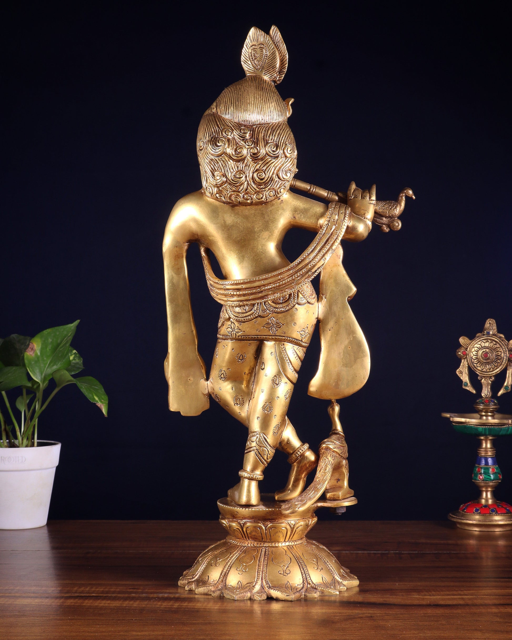 Brass Krishna Standing on a Lotus Base – Pure Brass Unique Sculpture 19"