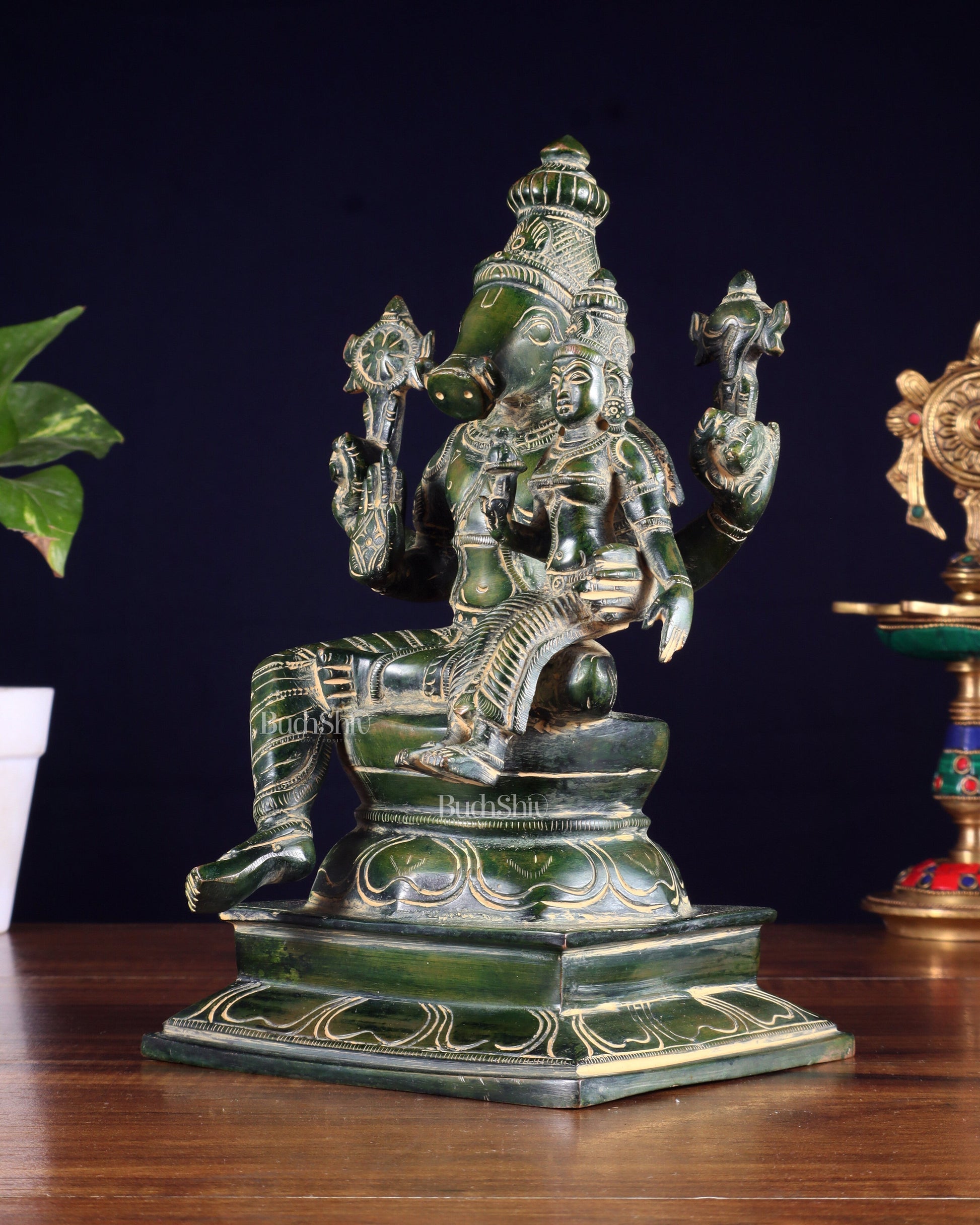 Pure Brass Varaha Lakshmi Statue – Antique Green Tone 9.5"