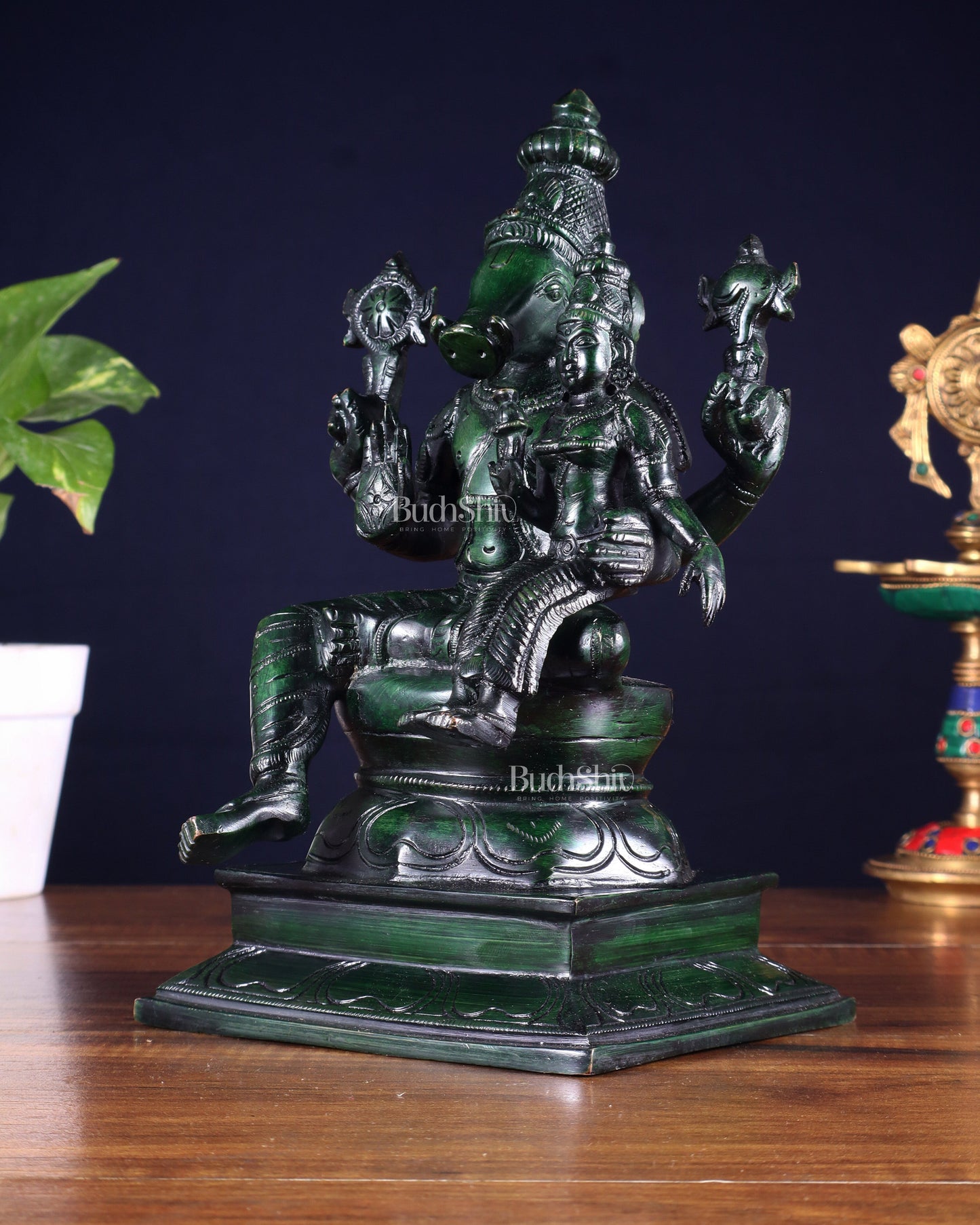 Pure Brass Varaha Lakshmi Statue – Agate green Tone 9.5"