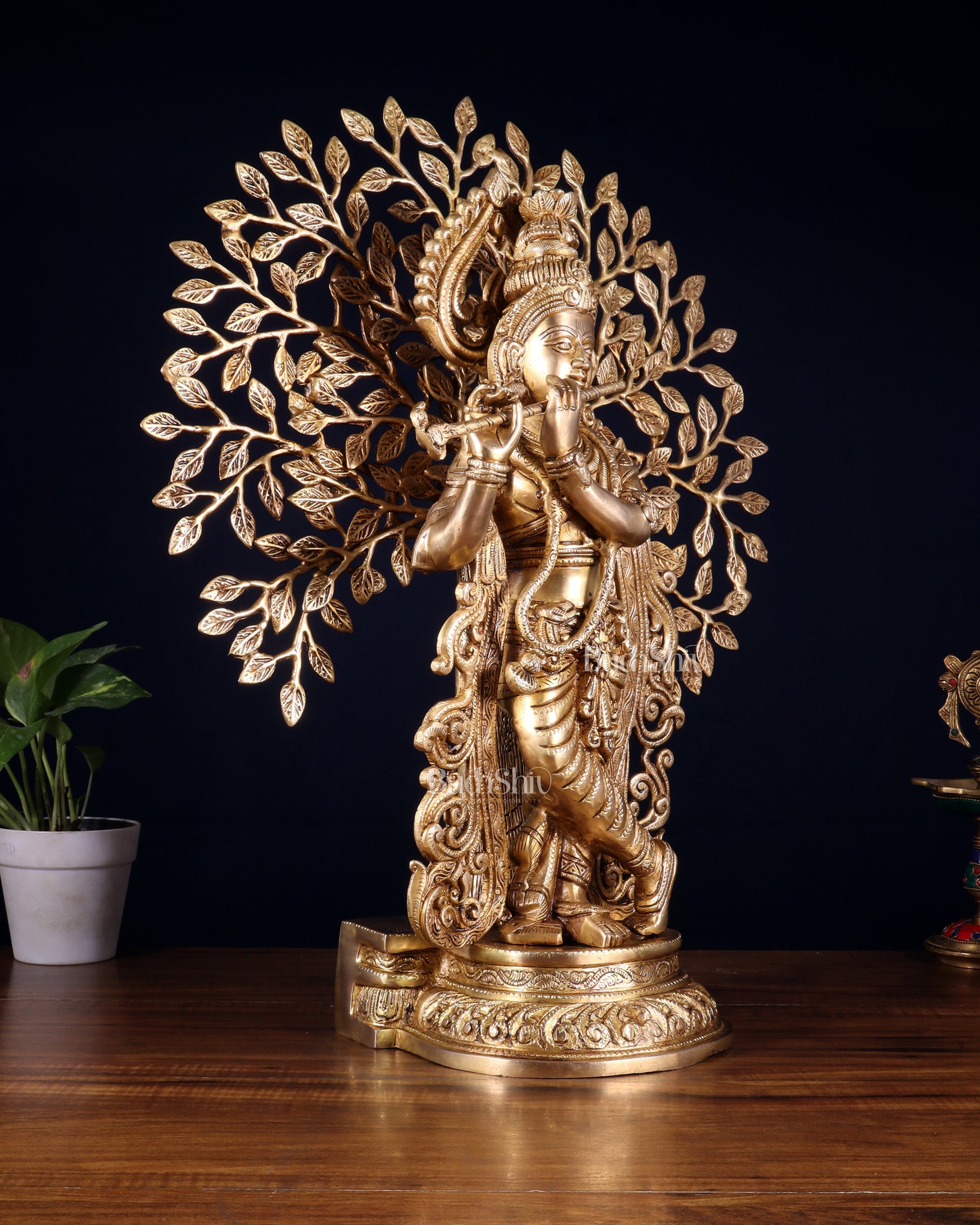 Pure Brass Lord Krishna with Kalpavriksha tree Statue 23"