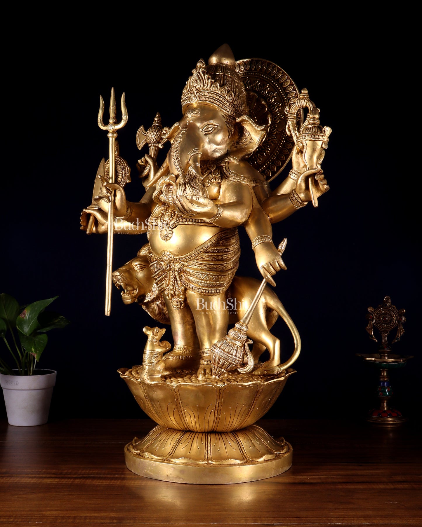 Pure Brass Large Kana Drishti Ganesha Standing with Lion Statue 24 inch
