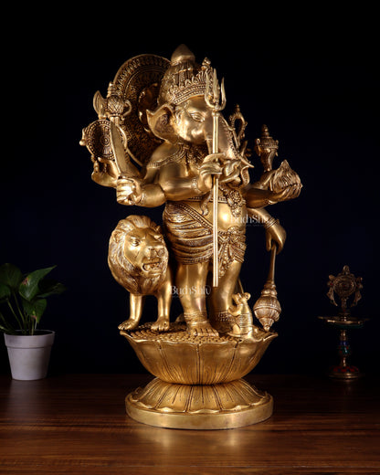 Pure Brass Large Kana Drishti Ganesha Standing with Lion Statue 24 inch