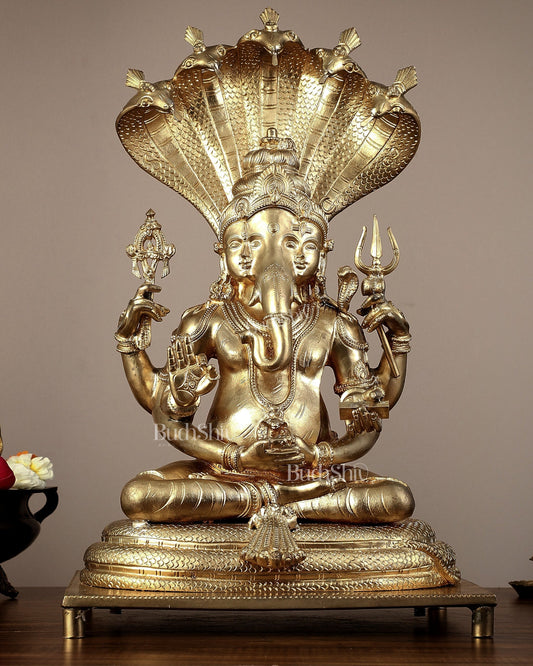 Bronze Lord Ganesha with Shiva and Parvati Idol - 18.5" panchaloha sculpture
