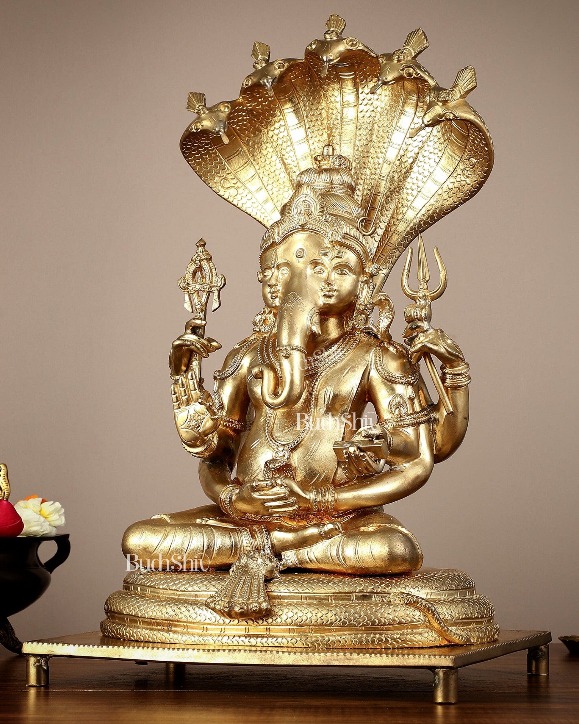 Bronze Lord Ganesha with Shiva and Parvati Idol - 18.5" panchaloha sculpture