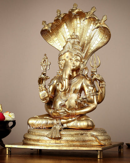 Bronze Lord Ganesha with Shiva and Parvati Idol - 18.5" panchaloha sculpture