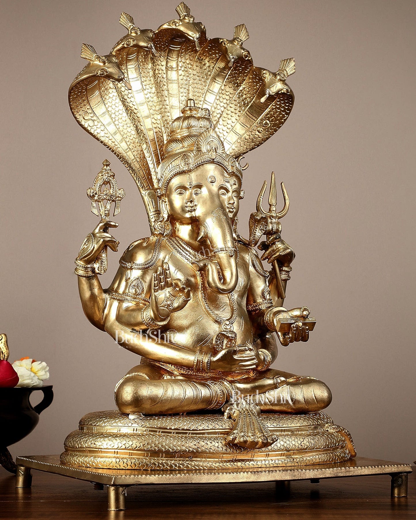 Bronze Lord Ganesha with Shiva and Parvati Idol - 18.5" panchaloha sculpture