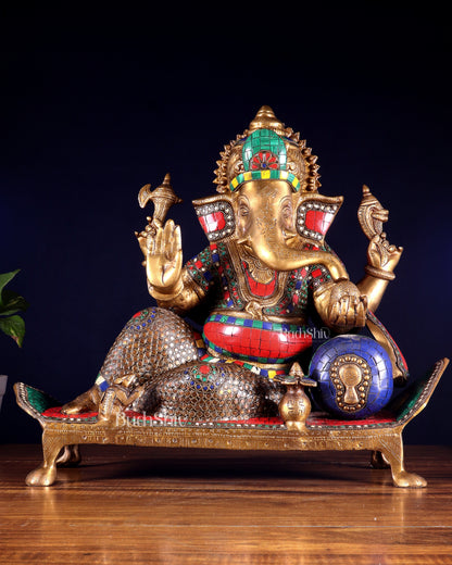 Brass Ganesha resting Statue with Stonework - 16 Inch
